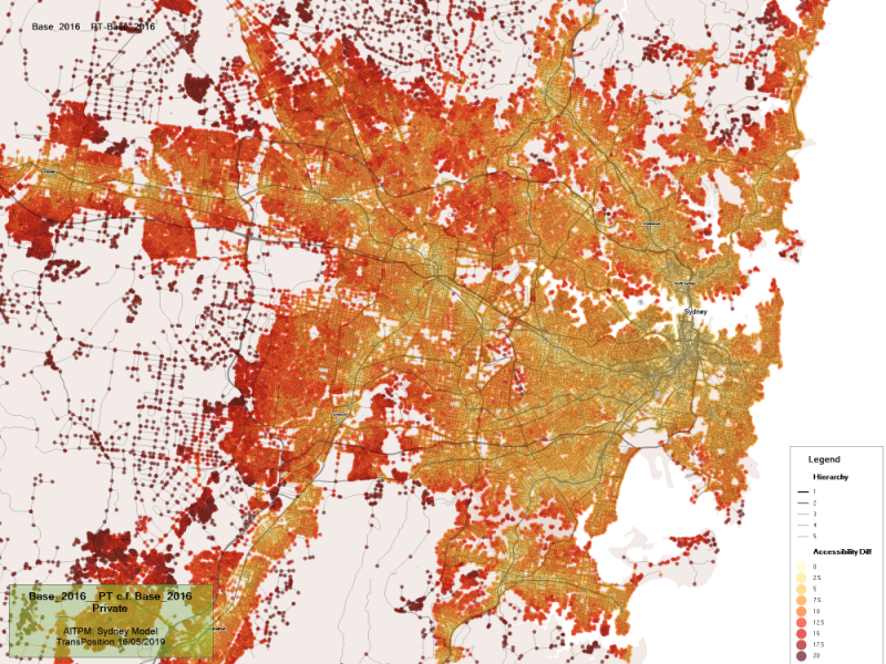 Change in accessibility when only public and active transport is available in Sydney
