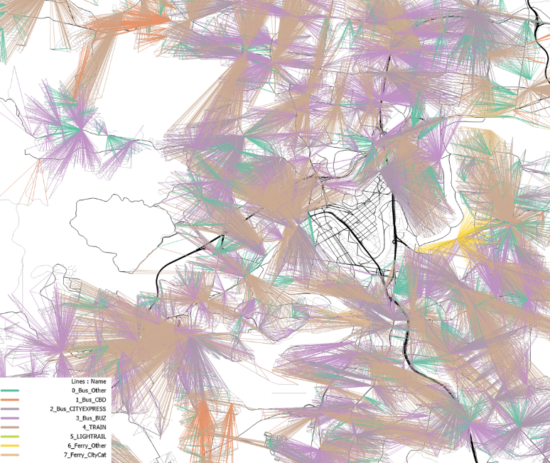 PT feeder network in area around central Brisbane