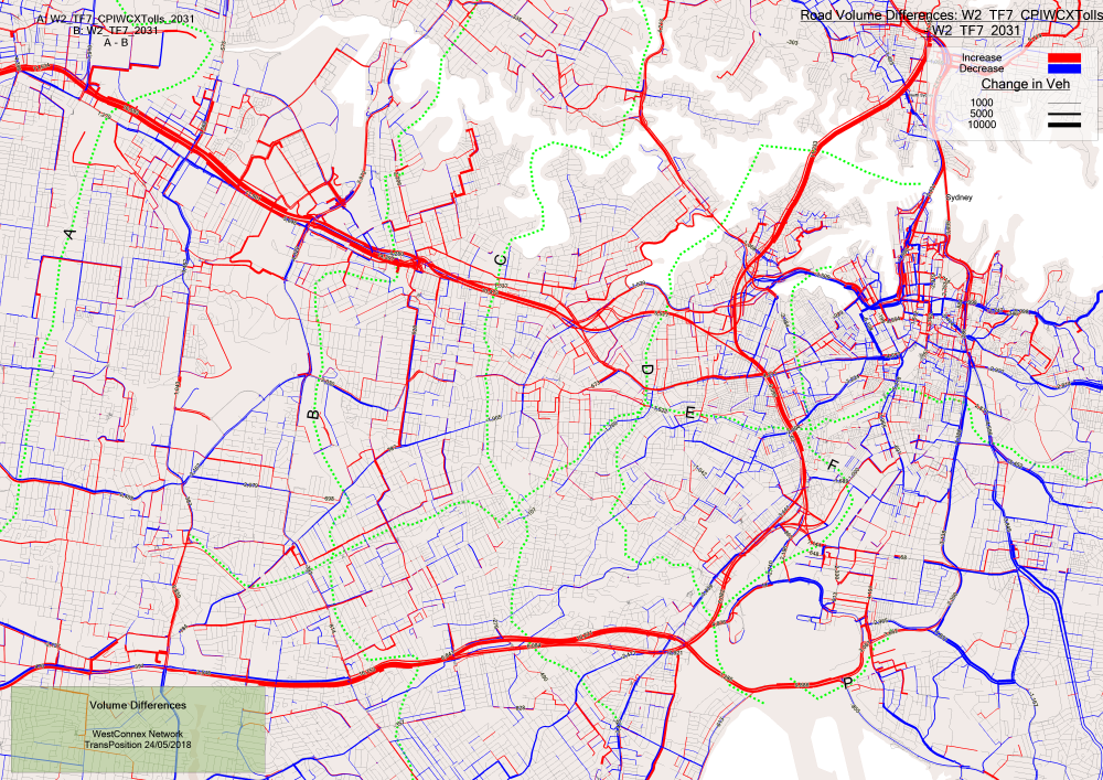 Volume difference plot in Sydney 2031, looking at the effect of reduced toll prices on future toll roads