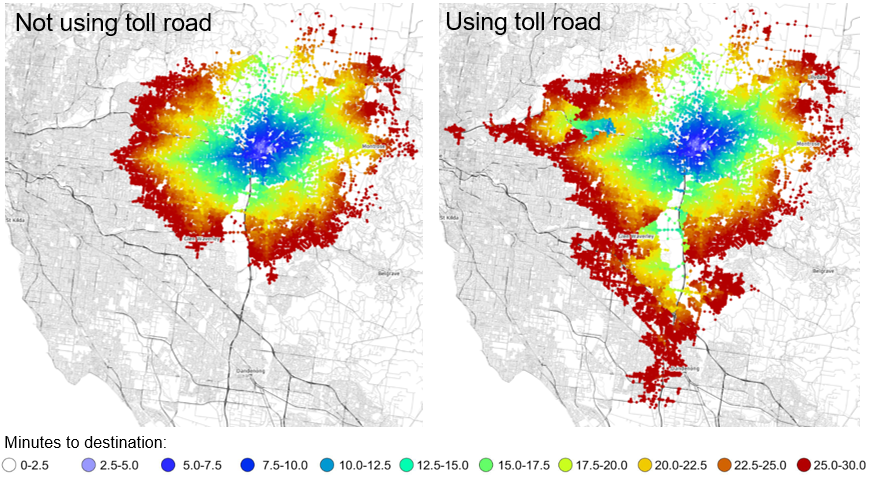 Travel time to Ringwood Melbourne, not using a toll road and with a toll road